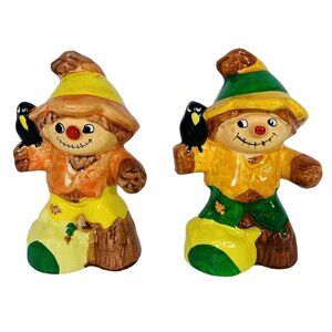 Halloween Fall Scarecrow Kitsch Figurine 4.5” Kawaii 70s Farm Decor Black Bird
